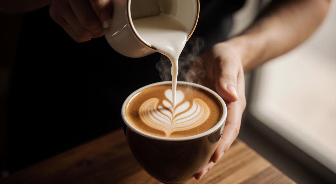 Primer plano de un barista vertiendo leche en un café de especialidad creando arte latte