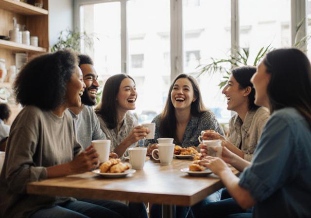 Gente sonriendo charlando con cafés en un ambiente luminoso