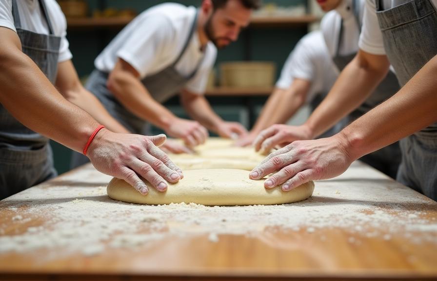 Panaderos artesanos trabajando la masa manualmente en el obrador de Fluvius Café en Madrid